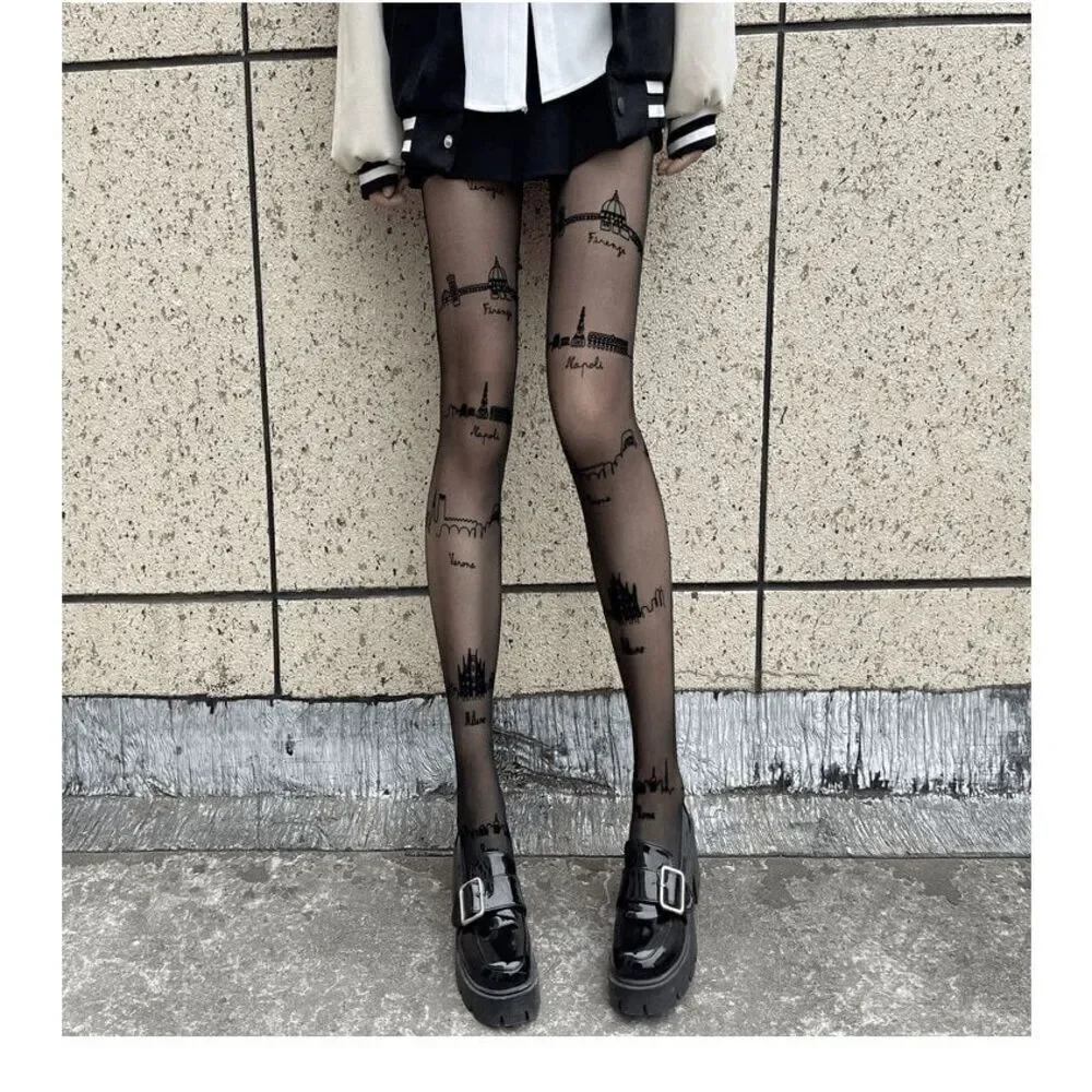 🏙️ Travel Cities Tattoo Printed Tights Black Sheer Nylon Pantyhose Hosiery NEW